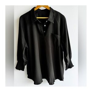 Kistore Black Long Sleeve Blouse Smocked Cuffs Button Front XXL New